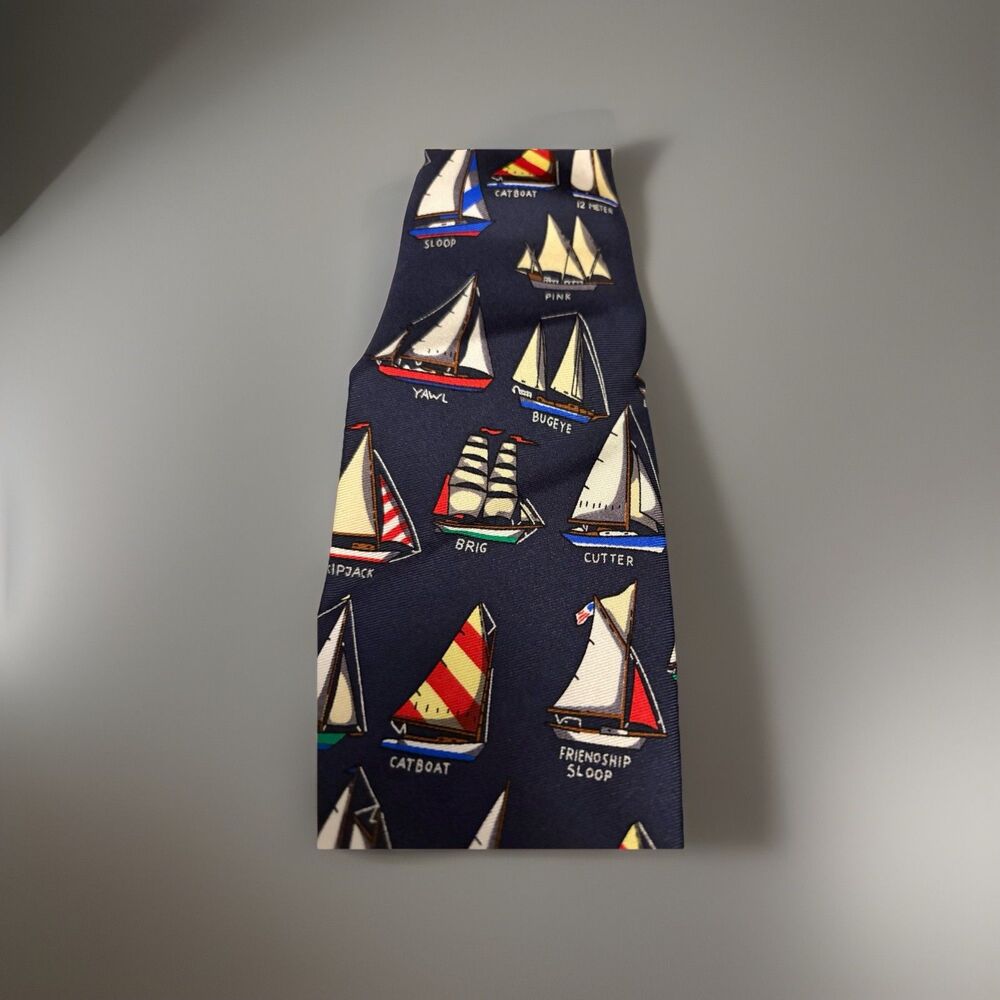 NWT Alynn Tie Silk Name That Boat Navy Nautical Sea Boat Designer  Summer Holch - Picture 6 of 12